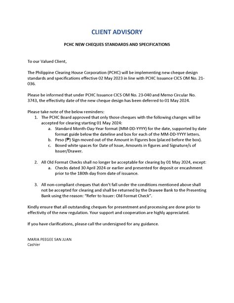 cics om no. 23-040|PCHC Advisory: New Check Designs and Specifications.